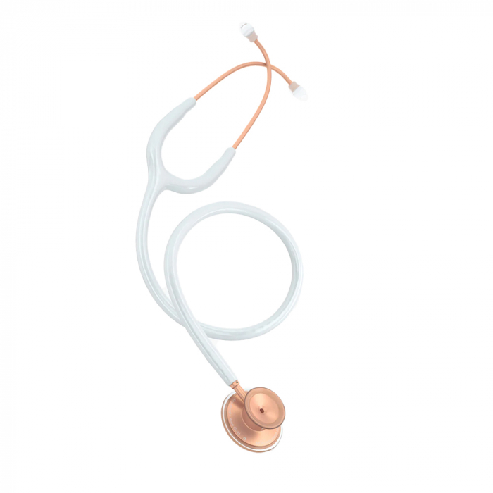 Stetoscop cu cap dublu MDF Acoustica Deluxe 747XP, pentru adulti, fabricat manual din aluminiu premium, supapa acustica complet rotativa, 3 olive auriculare din silicon, Roz/ Auriu [3]