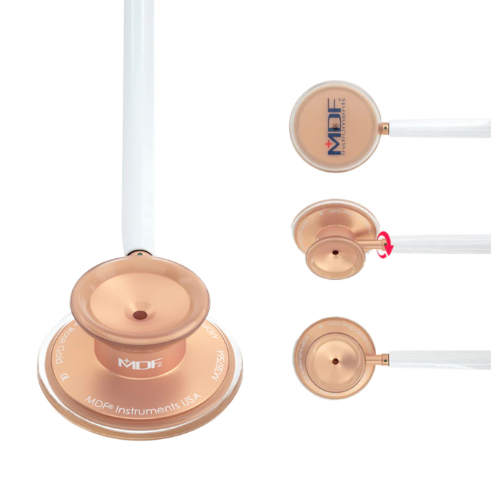 Stetoscop cu cap dublu MDF Acoustica Deluxe 747XP, pentru adulti, fabricat manual din aluminiu premium, supapa acustica complet rotativa, 3 olive auriculare din silicon, Roz/ Auriu [4]