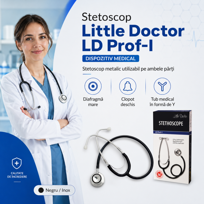 Stetoscop Little Doctor LD Prof I, stetoscop metalic utilizabil pe ambele parti, diafragma mare, Negru/Inox [2]