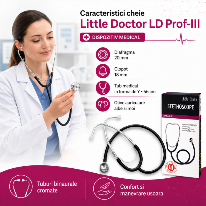 Stetoscop neonatal Little Doctor LD Prof III, stetoscop metalic utilizabil pe ambele parti, diafragma mica, Negru/Inox [3]