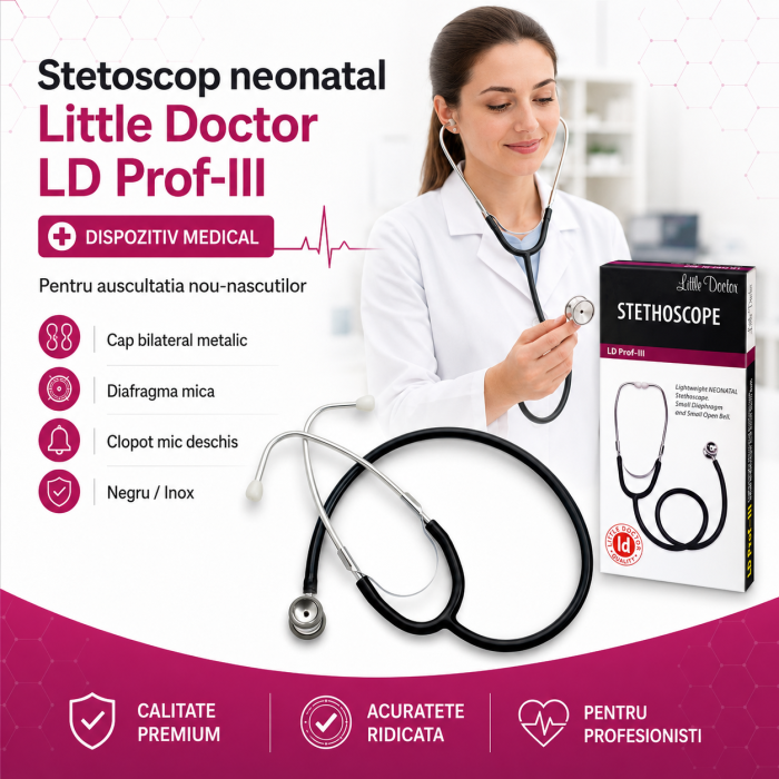 Stetoscop neonatal Little Doctor LD Prof III, stetoscop metalic utilizabil pe ambele parti, diafragma mica, Negru/Inox [2]