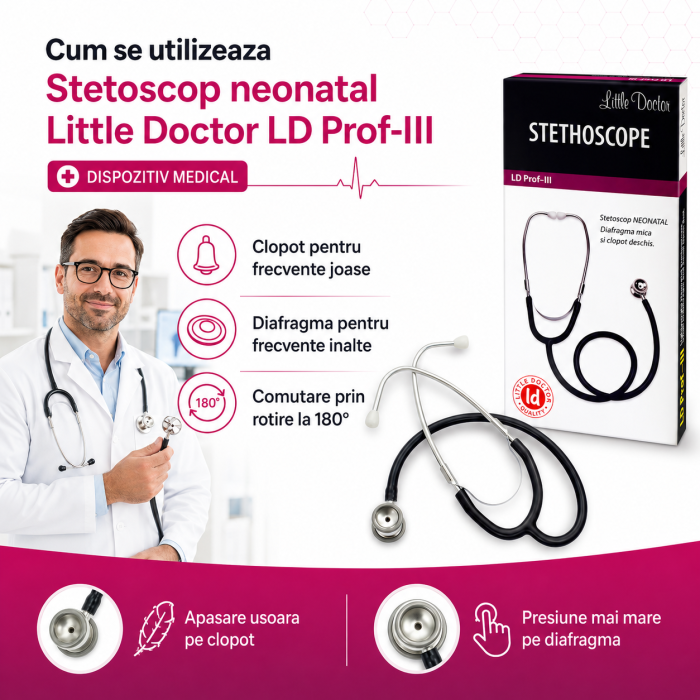 Stetoscop neonatal Little Doctor LD Prof III, stetoscop metalic utilizabil pe ambele parti, diafragma mica, Negru/Inox [4]
