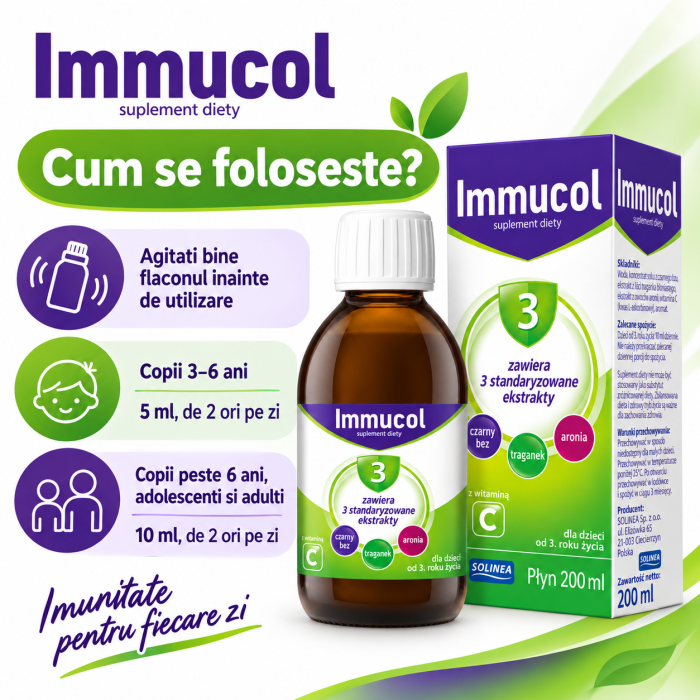 Supliment alimentar sirop Solinea Immucol 3, cu soc negru, aronia, astragalus si vitamina C, pentru copii de la 3 ani si adulti, 200 ml [3]