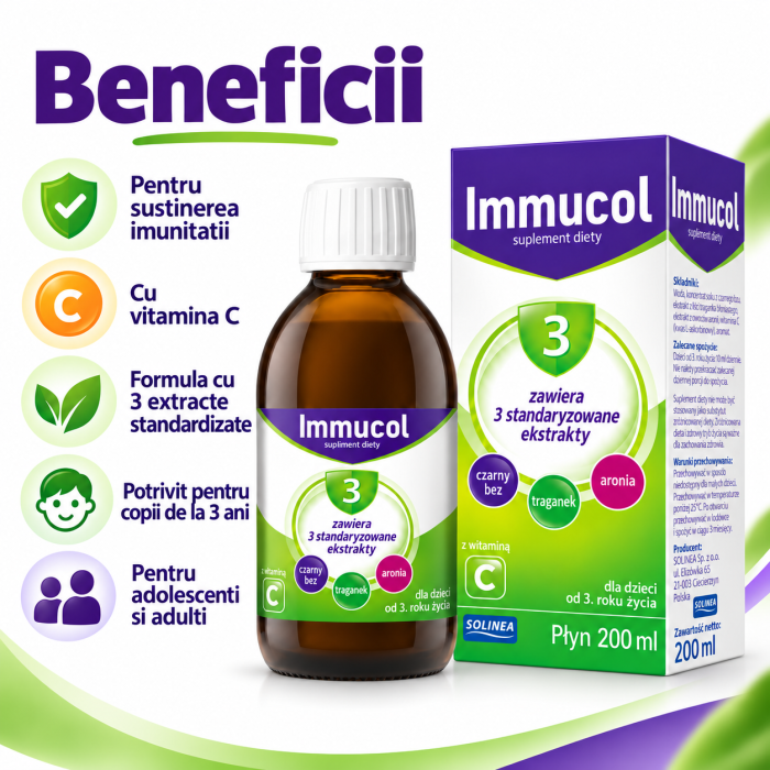 Supliment alimentar sirop Solinea Immucol 3, cu soc negru, aronia, astragalus si vitamina C, pentru copii de la 3 ani si adulti, 200 ml [4]