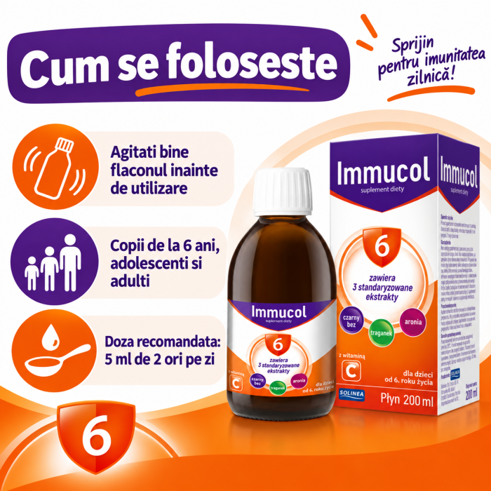 Supliment alimentar sirop Solinea Immucol 6, cu soc negru, aronia, astragalus si vitamina C, pentru copii de la 6 ani, adolescenti si adulti, 200 ml [3]