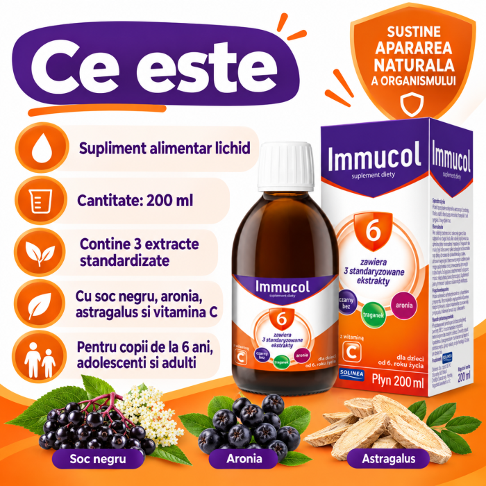 Supliment alimentar sirop Solinea Immucol 6, cu soc negru, aronia, astragalus si vitamina C, pentru copii de la 6 ani, adolescenti si adulti, 200 ml [2]