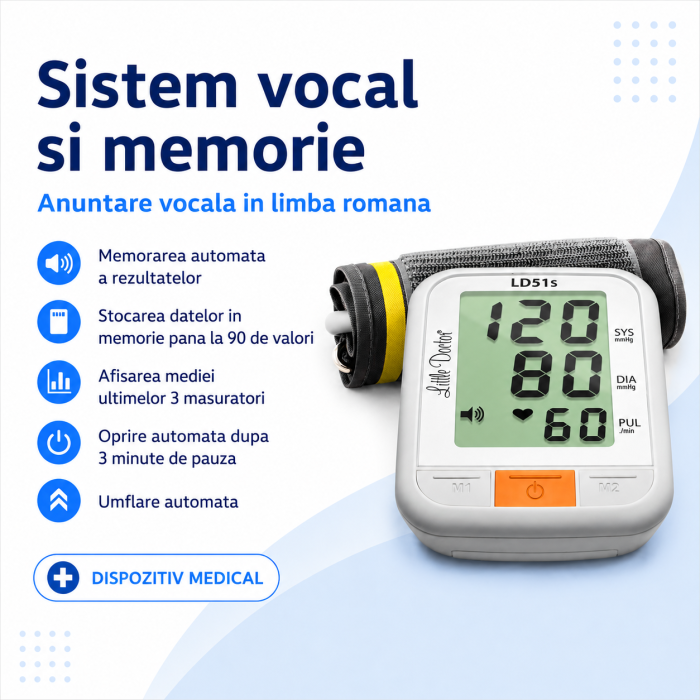 Tensiometru de brat Little Doctor LD 51S, anuntare vocala limba romana, adaptor inclus, validat clinic, potrivit pentru nevazatori [3]