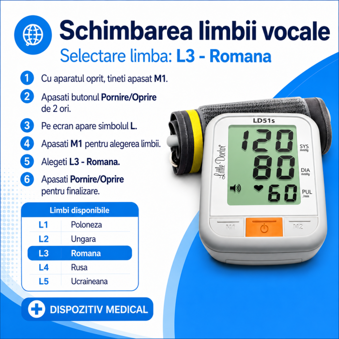 Tensiometru de brat Little Doctor LD 51S, anuntare vocala limba romana, adaptor inclus, validat clinic, potrivit pentru nevazatori [4]
