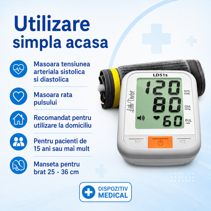 Tensiometru de brat Little Doctor LD 51S, anuntare vocala limba romana, adaptor inclus, validat clinic, potrivit pentru nevazatori [5]