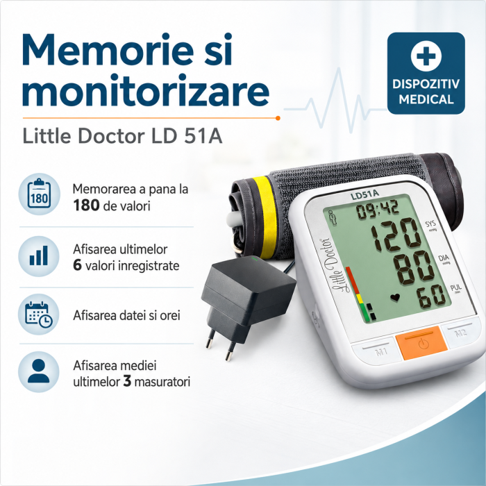 Tensiometru electronic de brat Little Doctor LD 51a, afisaj XXL, detector aritmie, indicator WHO, afisare data si ora, adaptor priza inclus, Alb/Gri [3]