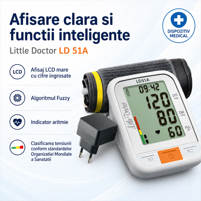 Tensiometru electronic de brat Little Doctor LD 51a, afisaj XXL, detector aritmie, indicator WHO, afisare data si ora, adaptor priza inclus, Alb/Gri [4]
