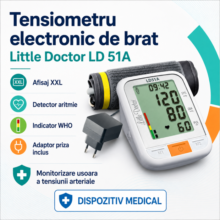 Tensiometru electronic de brat Little Doctor LD 51a, afisaj XXL, detector aritmie, indicator WHO, afisare data si ora, adaptor priza inclus, Alb/Gri [2]