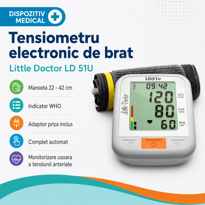Tensiometru electronic de brat Little Doctor LD 51U, manseta 22 - 42 cm, indicator WHO, adaptor priza inclus, Alb/Gri [2]