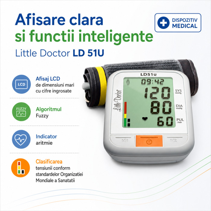 Tensiometru electronic de brat Little Doctor LD 51U, manseta 22 - 42 cm, indicator WHO, adaptor priza inclus, Alb/Gri [5]