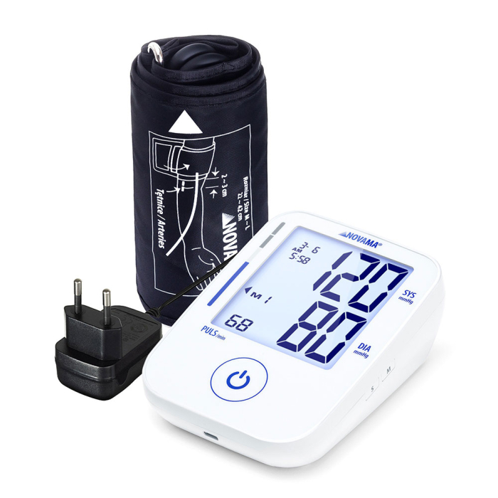 Tensiometru electronic de brat Novama Prime+ White, masurare in timpul umflarii mansetei, detectarea aritmiei, memorie 2 x 100 masuratori, manseta reglabila 22 - 42 cm, alimentator USB inclus, Alb [2]