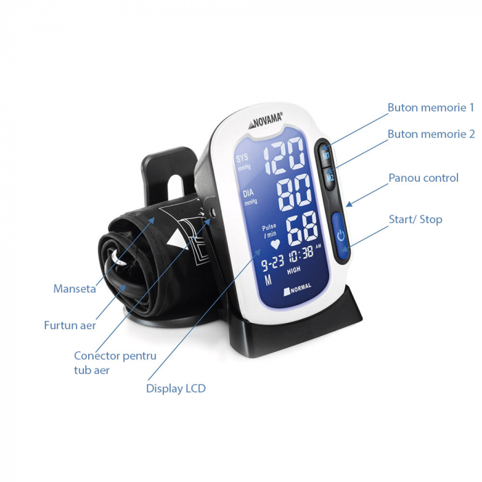 Tensiometru electronic de brat Novama Pro, masurare in timpul umflarii mansetei, 2 moduri de masurare, memorare 2 utilizatori x 90 rezultate, detectarea fibrilatiei atriale, manseta universala 22 - 42 cm, suport [3]