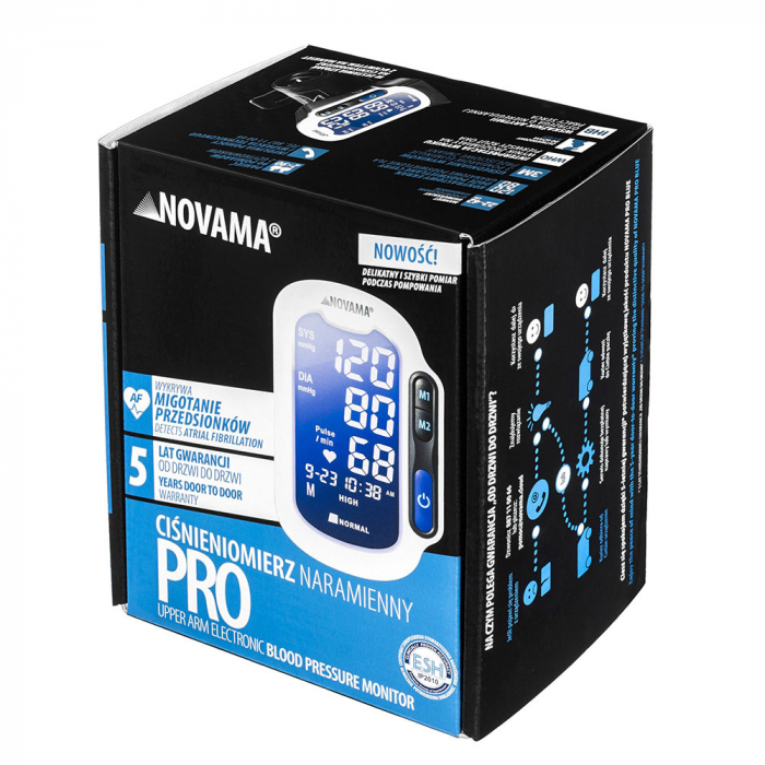 Tensiometru electronic de brat Novama Pro, masurare in timpul umflarii mansetei, 2 moduri de masurare, memorare 2 utilizatori x 90 rezultate, detectarea fibrilatiei atriale, manseta universala 22 - 42 cm, suport [8]