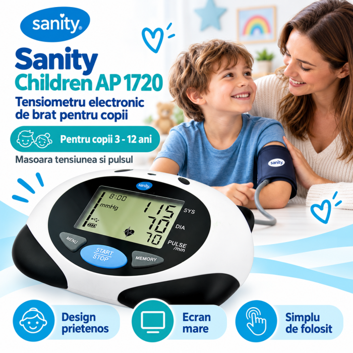 Tensiometru electronic de brat Sanity AP 1720 Children, 200 seturi de memorie, tehnologie DCC, Negru/Alb [3]