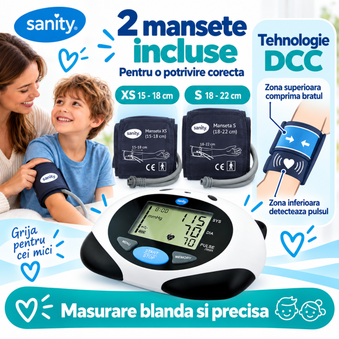 Tensiometru electronic de brat Sanity AP 1720 Children, 200 seturi de memorie, tehnologie DCC, Negru/Alb [4]