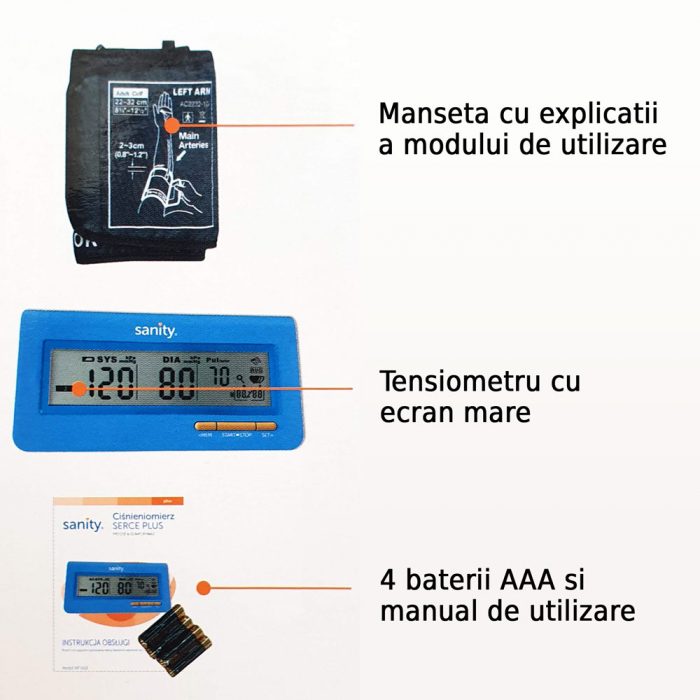 Tensiometru electronic de brat Sanity Serce Plus, 60 seturi de memorie, tehnologie FDS, Albastru [5]