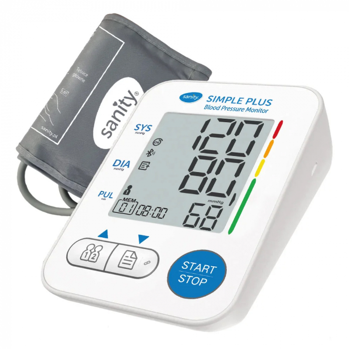 Tensiometru electronic de brat Sanity Simple Plus, memorare 2 utilizatori, manseta 22 - 32 cm, detectare aritmie, detectie miscarea corpului, ecran LCD iluminat, cablu UBS, Bluetooth, husa depozitare [2]