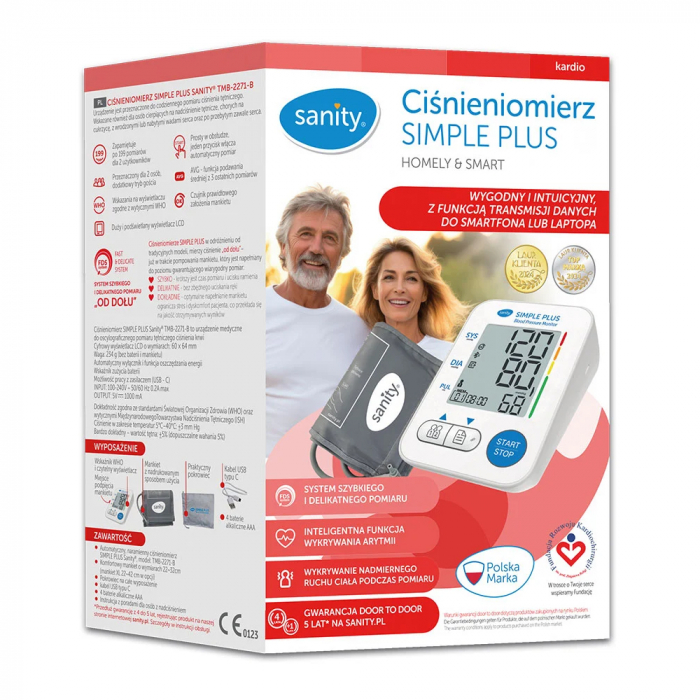 Tensiometru electronic de brat Sanity Simple Plus, memorare 2 utilizatori, manseta 22 - 32 cm, detectare aritmie, detectie miscarea corpului, ecran LCD iluminat, cablu UBS, Bluetooth, husa depozitare [3]