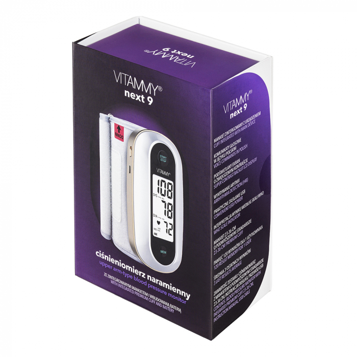 Tensiometru electronic de brat Vitammy Next 9, mufa USB, detectare aritmie, manseta integrata 23-36 cm, 120 seturi de memorie, Alb/Auriu [4]