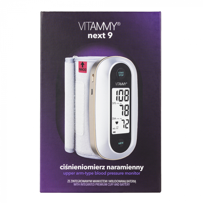 Tensiometru electronic de brat Vitammy Next 9, mufa USB, detectare aritmie, manseta integrata 23-36 cm, 120 seturi de memorie, Alb/Auriu [5]