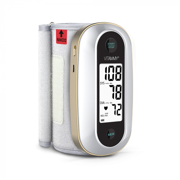 Tensiometru electronic de brat Vitammy Next 9, mufa USB, detectare aritmie, manseta integrata 23-36 cm, 120 seturi de memorie, Alb/Auriu [2]