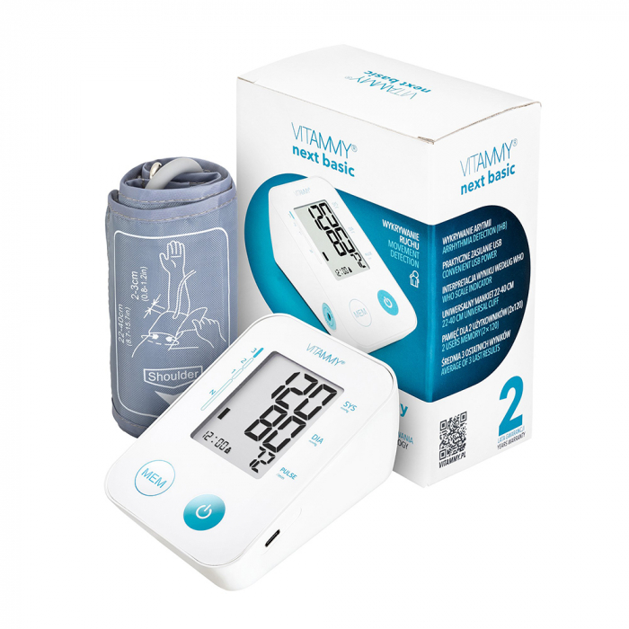 Tensiometru electronic de brat VITAMMY Next Basic, mufa USB, masurare in timpul umflarii mansetei, detectare aritmie, detectie miscarea corpului, memorare 2 utilizatori, manseta 22-40 cm, resigilat [2]