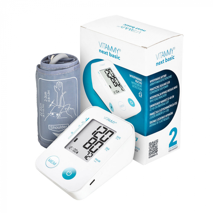Tensiometru electronic de brat VITAMMY Next Basic Power C, alimentator inclus, masurare in timpul umflarii mansetei, detectare aritmie, detectie miscarea corpului, memorare 2 utilizatori, husa de protectie, manseta 22-40 cm, Alb [2]