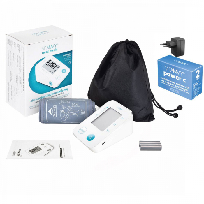 Tensiometru electronic de brat VITAMMY Next Basic Power C, alimentator inclus, masurare in timpul umflarii mansetei, detectare aritmie, detectie miscarea corpului, memorare 2 utilizatori, husa de protectie, manseta 22-40 cm, Alb [7]