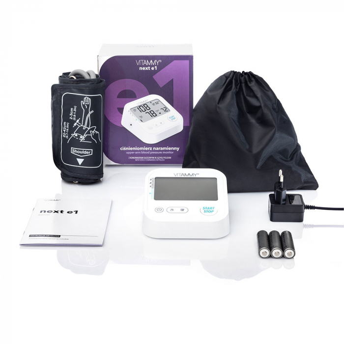 Tensiometru electronic de brat VITAMMY Next E1, USB-C inclus, detectare aritmie, detectie miscarea corpului, ecran panoramic, husa de protectie, manseta 22 - 42 cm, Alb [4]