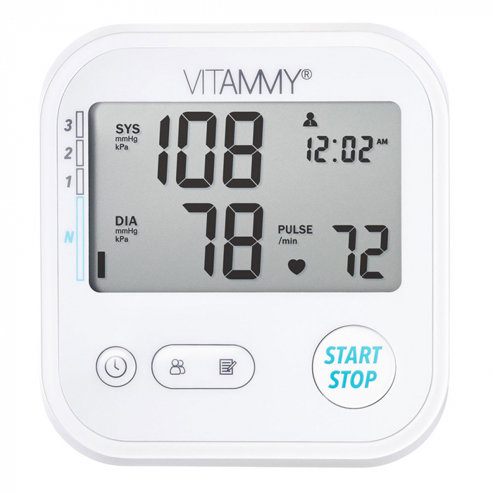 Tensiometru electronic de brat VITAMMY Next E1, USB-C inclus, detectare aritmie, detectie miscarea corpului, ecran panoramic, husa de protectie, manseta 22 - 42 cm, Alb [2]