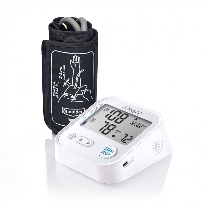 Tensiometru electronic de brat VITAMMY Next E1, USB-C inclus, detectare aritmie, detectie miscarea corpului, ecran panoramic, husa de protectie, manseta 22 - 42 cm, Alb [3]