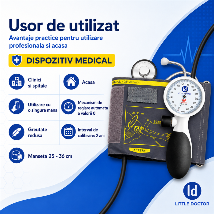 Tensiometru mecanic de brat Little Doctor LD 91, profesional, rezistent la socuri, stetoscop inclus [3]