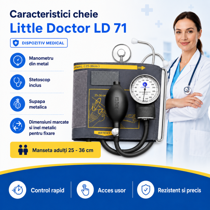 Tensiometru mecanic Little Doctor LD 71 profesional, stetoscop inclus, manometru din metal, husa de transport [3]