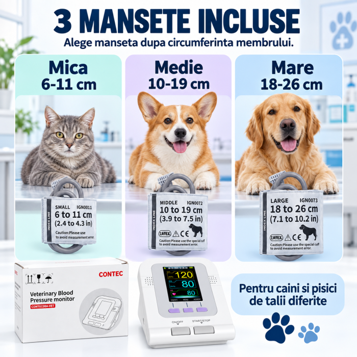 Tensiometru veterinar pentru animale Contec 08A-VET, 100 de seturi de masuratori, functie de alerta pentru valori anormale, ecran LCD color, oprire automata, 3 mansete [5]