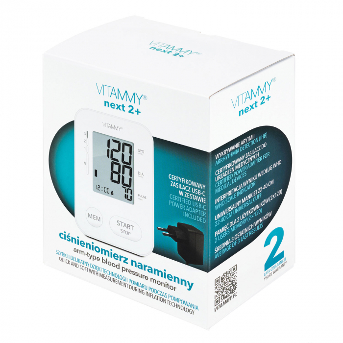 Tensiometru electronic de brat VITAMMY Next 2 +, mufa USB, adaptor inclus, detectare aritmie, memorare 2 utilizatori, Alb [5]