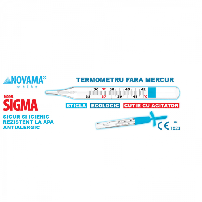 Termometru clasic ecologic Novama White Sigma, cu Galinstan, din sticla, fara mercur, fara baterii, cu agitator, Alb [4]