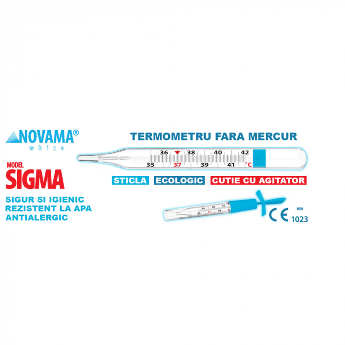 Termometru clasic ecologic Novama White Sigma, cu Galinstan, din sticla, fara mercur, fara baterii, cu agitator, Alb, resigilat [4]