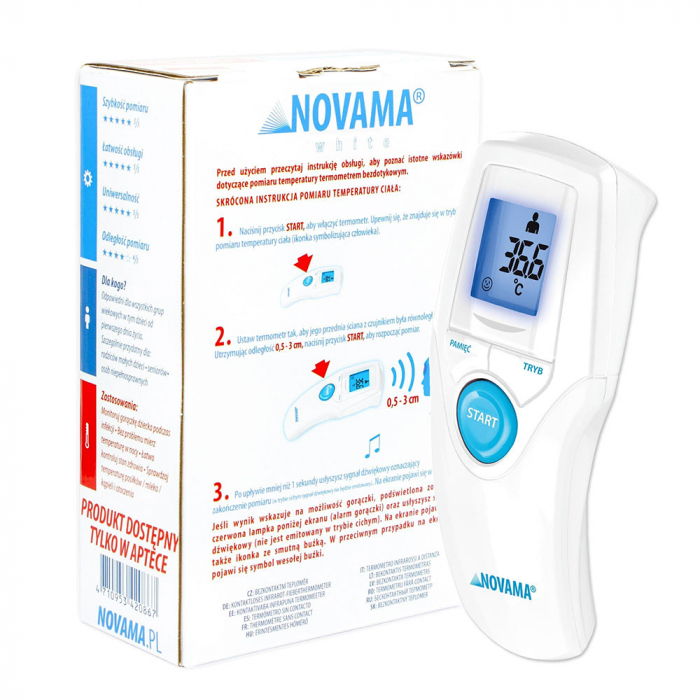 Termometru non-contact Novama White T1S, memorie pentru 30 de masuratori, iluminare ecran, mod silentios de noapte, alarma febra, oprire automata, Alb [4]