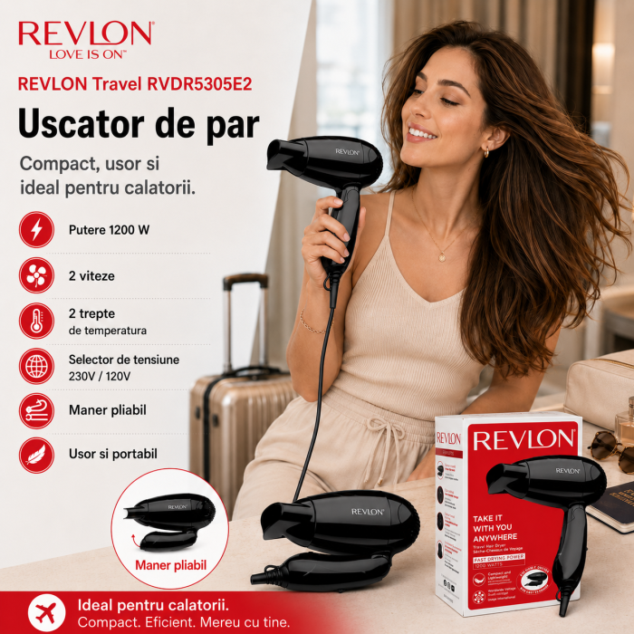 Uscator de par REVLON Travel RVDR5305E2, 2 viteze, 2 trepte de temperatura, Negru [2]