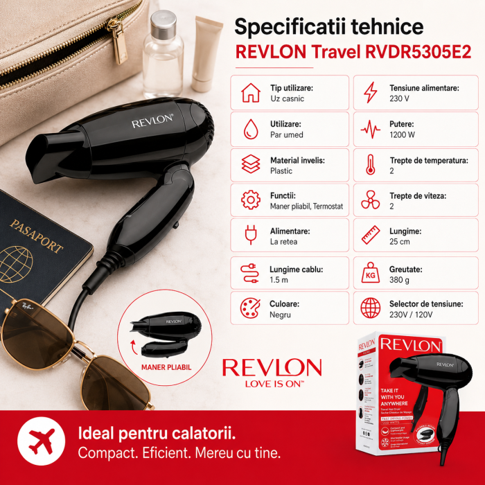 Uscator de par REVLON Travel RVDR5305E2, 2 viteze, 2 trepte de temperatura, Negru [4]