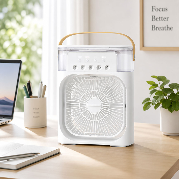 Ventilator portabil S4, mini aparat de aer conditionat, cu functie de umidificare a aerului, potrivit pentru birou si calatorii, rezervor de apa, alimentare USB [3]