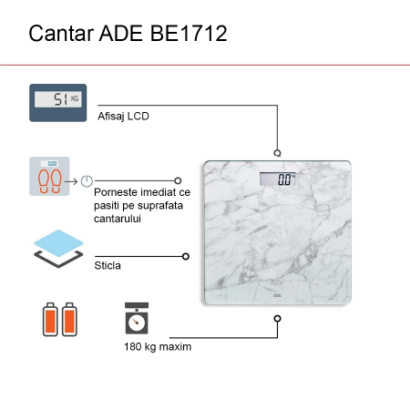 Cantar corporal electronic ADE BE1711 Aurora, model marmura, ecran LCD, Alb [1]