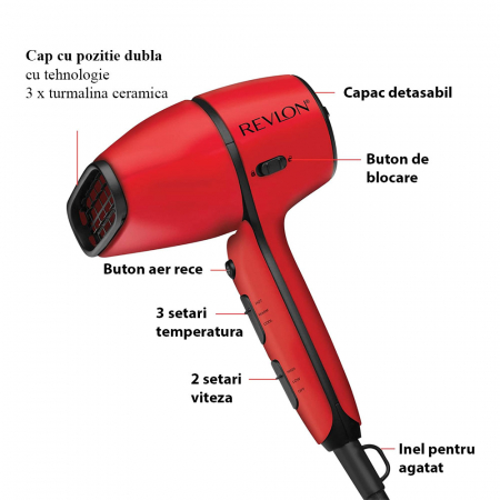 Uscator de par Revlon Airflow Control RVDR5320E, concentrator incorporat cu rotire la 90 grade, difuzor pentru volum, 2 viteze, 3 trepte de temperatura, Rosu [4]