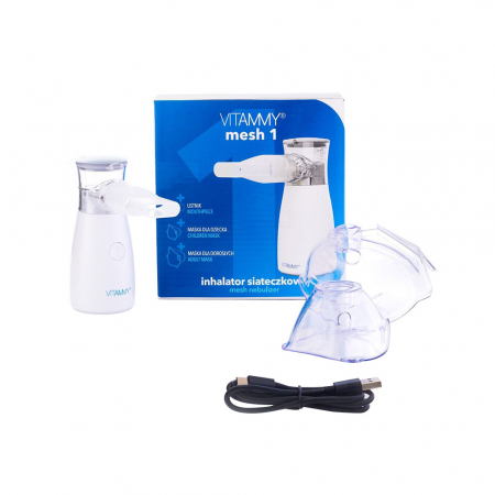 Aparate aerosoli si accesorii - Aparat aerosoli cu tehnologie mesh Vitammy Mesh 1, pentru copii si adulti, portabil, 2 viteze de nebulizare, cablu USB, masca copii si adulti, silentios, Alb