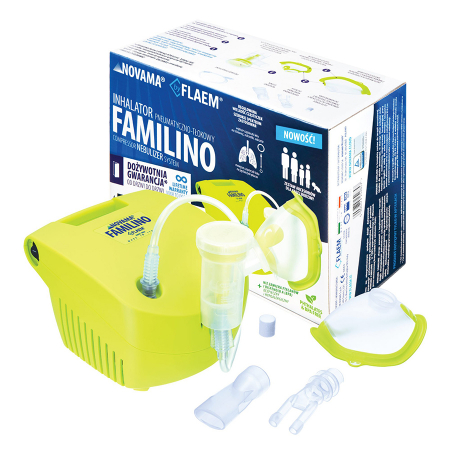 Aparate aerosoli - Aparat aerosoli Novama Familino by Flaem, nebulizator cu compresor, 2 moduri de nebulizare, dimensiuni particule reglabile, masca copii si adulti, fara ftalati si BPA, pentru uz casnic si profesional, Verde