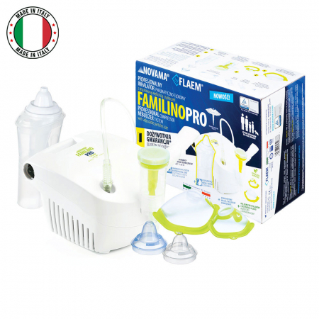 Aparat aerosoli Novama Familino Pro by Flaem, nebulizator cu compresor, Irigator nazal Rhino Clear Ergo, filtru de rezerva Porex, 2 moduri de nebulizare, dimensiuni particule reglabile, masca copii si adulti, fara ftalati si BPA, Alb [0]